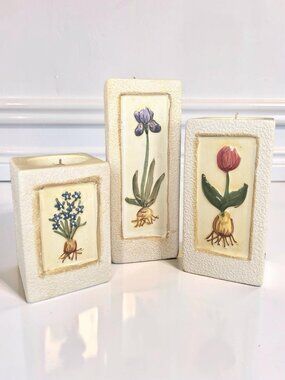 Set of 3 Flower Tealight Votive Candle Holder Set - Cream Ceramic